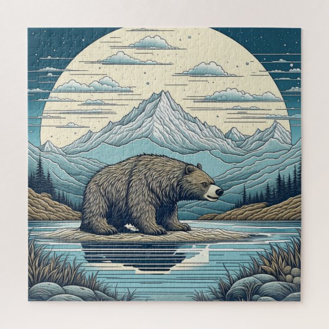 Bear, Mountains, Lake, Full Moon Ai Art Jigsaw Puzzle (Vertical)