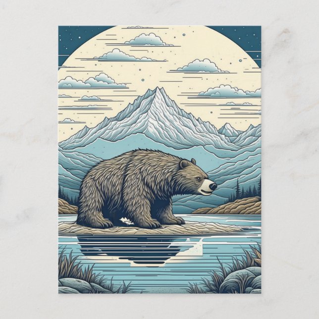 Bear, Mountains, Lake, Full Moon Ai Art Postcard (Front)
