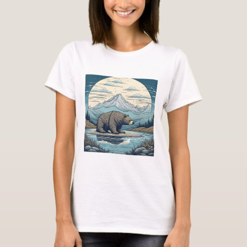 Bear Mountains Lake Full Moon Ai Art T_Shirt