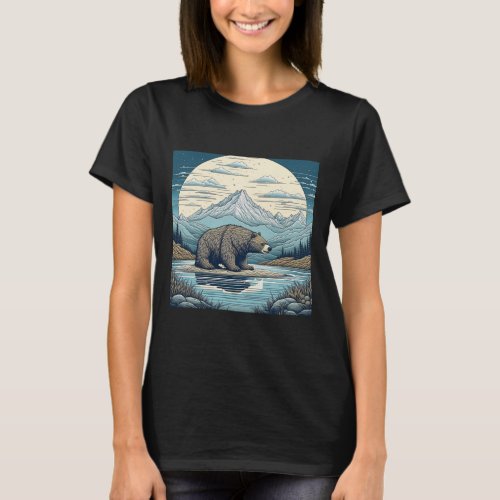 Bear Mountains Lake Full Moon Ai Art T_Shirt