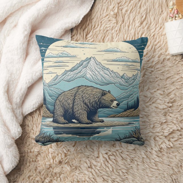 Bear, Mountains, Lake, Full Moon Ai Art Throw Pillow (Blanket)