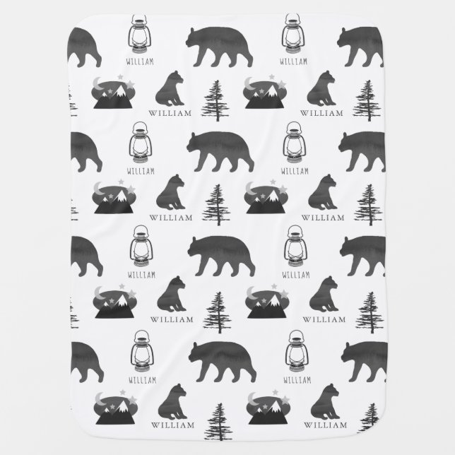 Bear Mountains Woodland Lantern Personalized Baby Blanket (Front)