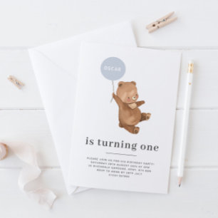 Bear Name - 1st Birthday Invitation - Blue Balloon