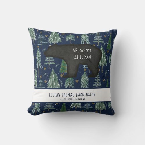 Bear Navy Blue Woodland Forest Baby Birth Stats Throw Pillow