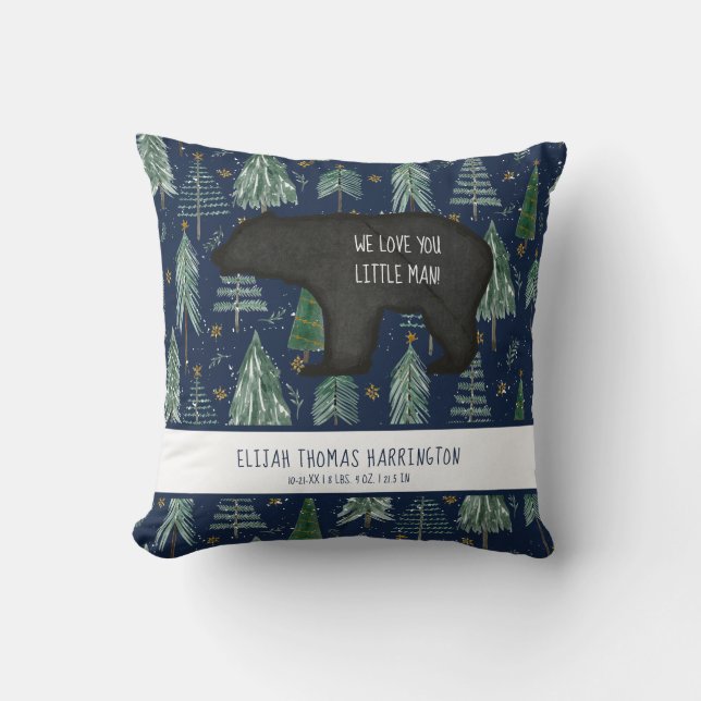 Bear Navy Blue Woodland Forest Baby Birth Stats Throw Pillow (Front)