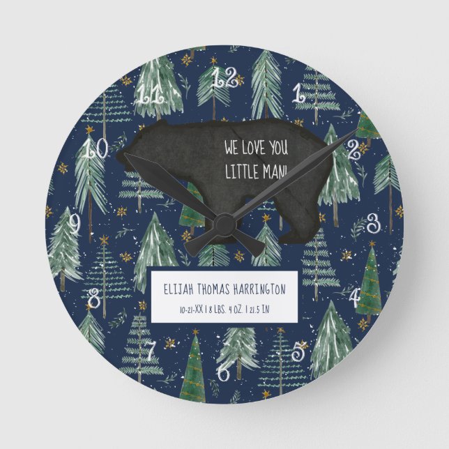 Bear Navy Woodland Forest Baby Boy Birth Stats Round Clock (Front)
