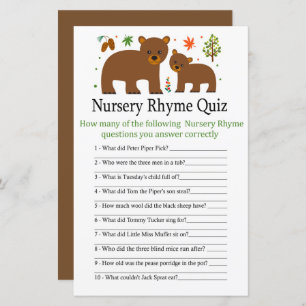Bear Nursery Rhyme Quiz baby shower game