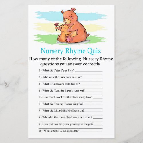 Bear Nursery Rhyme Quiz baby shower game