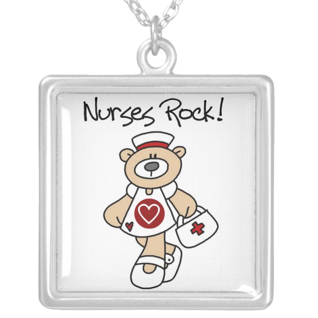 Bear Nurses Rock T-shirts and Gifts Silver Plated Necklace (Front)