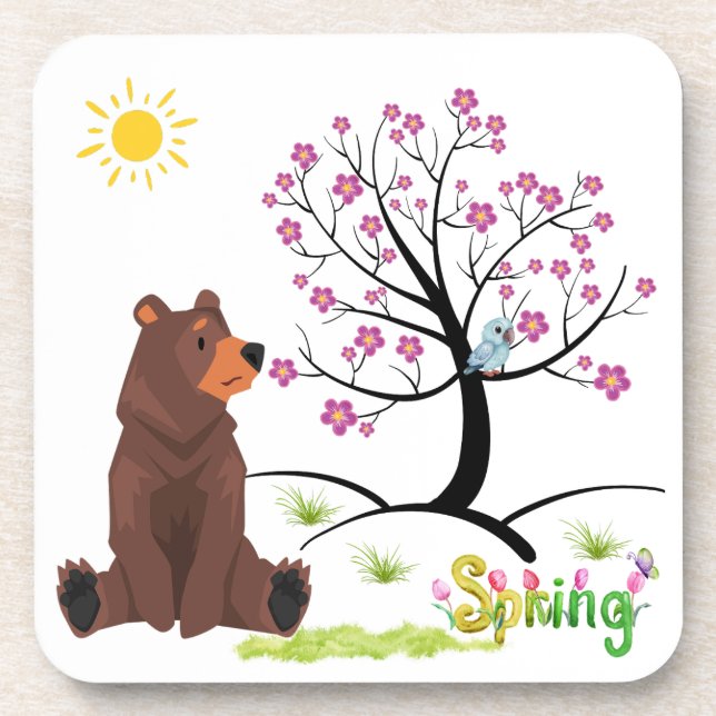 Bear observes the blooming tree and bird beverage coaster (Front)