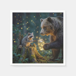 Bear Offering a Raccoon Jar of Fireflies Napkins