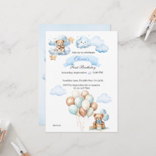 Bear on Airplane Blue Boys Birthday Invitation
