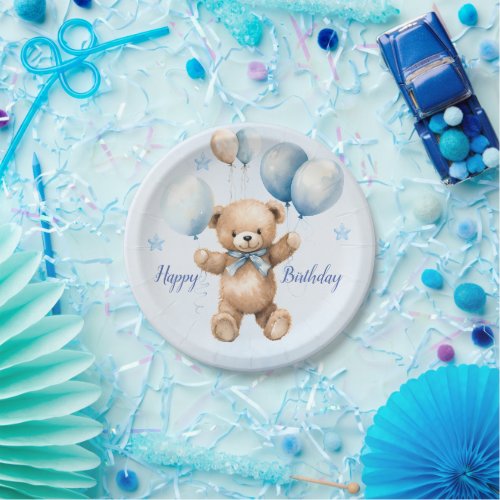 Bear on Airplane Blue Boys Birthday Paper Plates