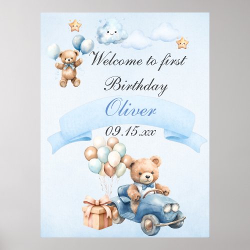 Bear on Airplane Blue Boys Birthday Poster