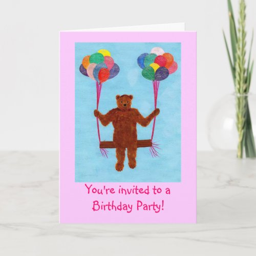 Bear on Balloon Swing Birthday Party for Kids Invitation