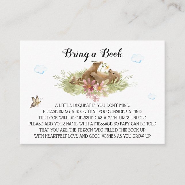 *~* Bear on Grass Enjoying Flower Bring a Book Enclosure Card (Front)