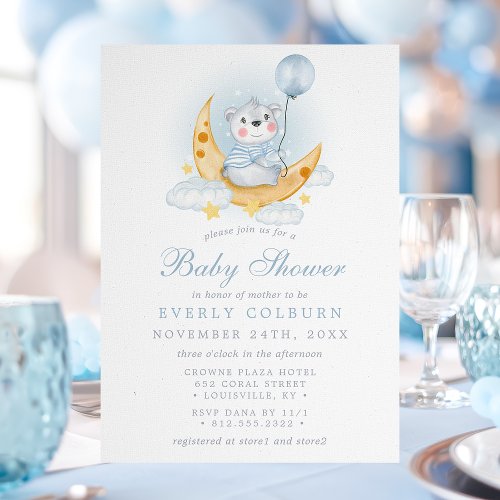 Baby Shower Invitations 10 Bear On Moon Watercolor Striped Boy Baby Shower Invitation