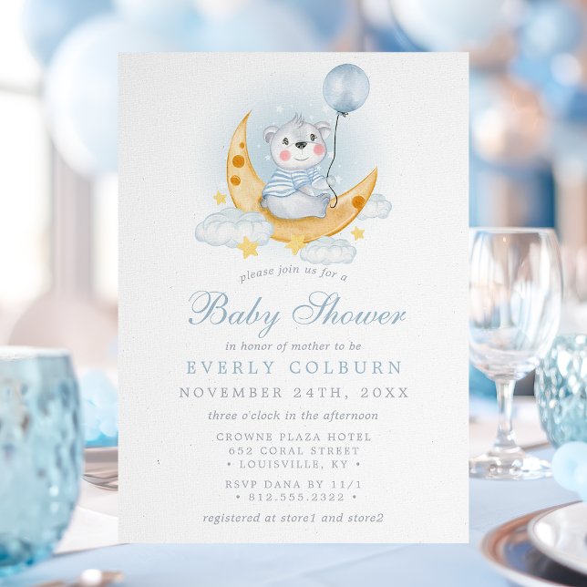 Bear On Moon Watercolor Striped Boy Baby Shower Invitation (Creator Uploaded)