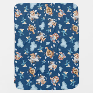 Bear on Plane in Cozy Blue Cloud Pattern Blanket