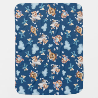 Bear on Plane in Cozy Blue Cloud Pattern Blanket