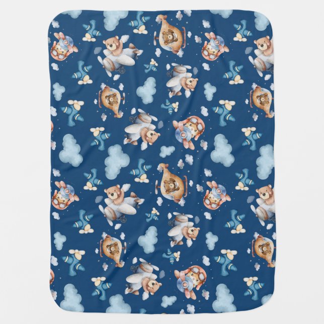 Bear on Plane in Cozy Blue Cloud Pattern Blanket (Front)
