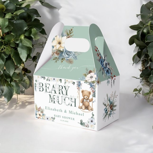 Bear On The Way Blue Flower  Sage Green Shower Favor Boxes (Creator Uploaded)