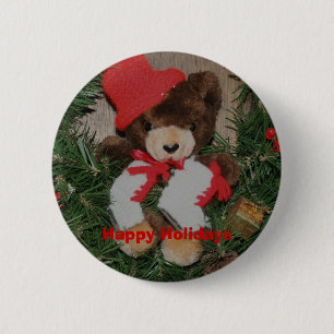 Bear On Wreath Christmas Holiday Button Pin