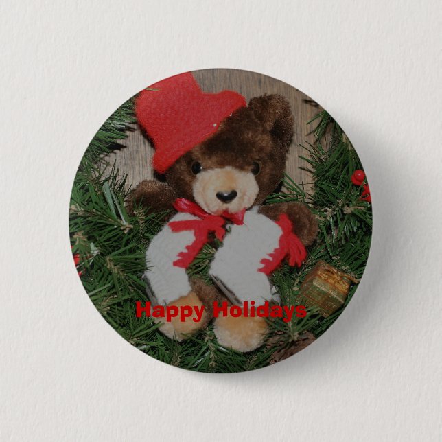 Bear On Wreath Christmas Holiday Button Pin (Front)