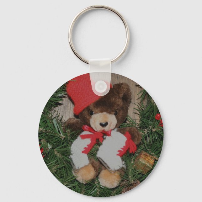Bear On Wreath Christmas Holiday Keychain (Front)