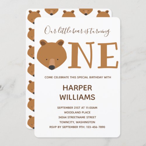 Bear One Animal Baby 1st Birthday Invitation