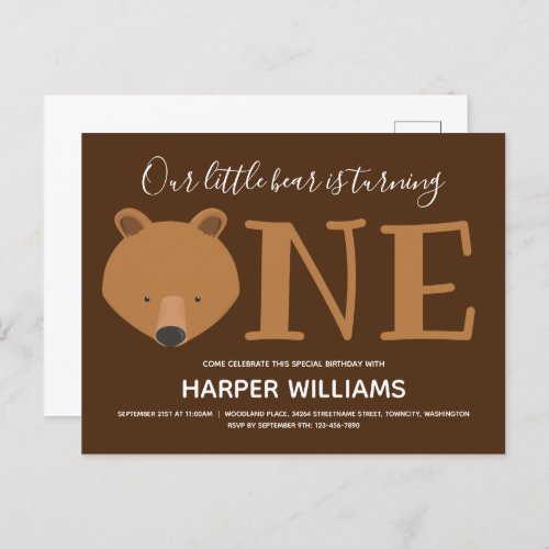 Bear One Brown Cute Animal First Birthday Invitation Postcard