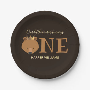 Bear One Crown Animal First Birthday Paper Plates