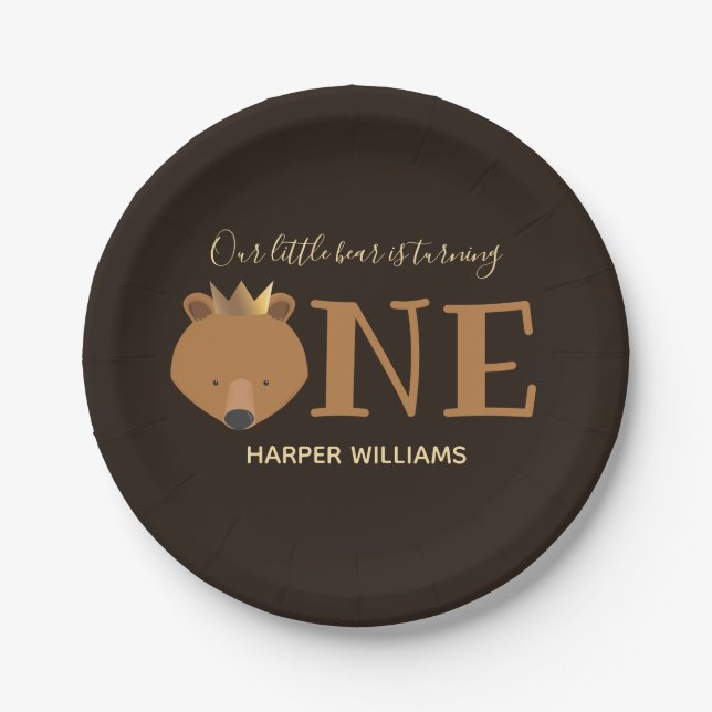 Bear One Crown Animal First Birthday Paper Plates (Front)