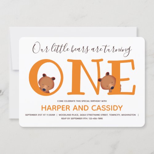 Bear One Cute Animal Twins First Birthday Invitation