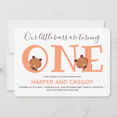 Bear One Cute Animal Twins First Birthday Invitation