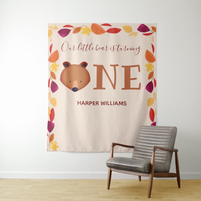 Bear One Fall Animal First Birthday Tapestry (In Situ)