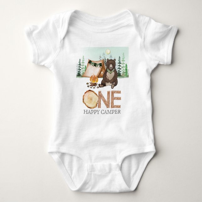 Bear One Happy Camper Baby 1st Birthday Outfit Bodysuit (Front)