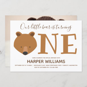 Bear One Photo Animal 1st First Birthday Invitation