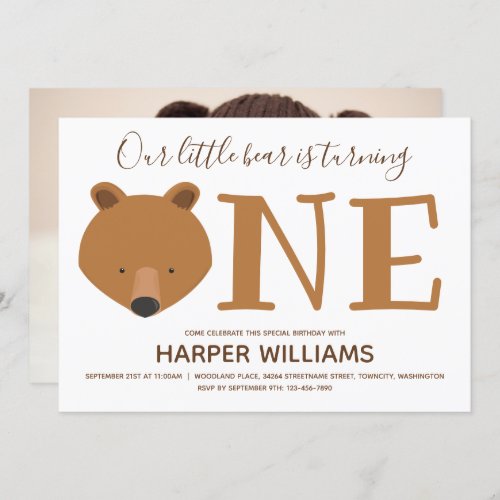 Bear One Photo Animal 1st First Birthday Invitation