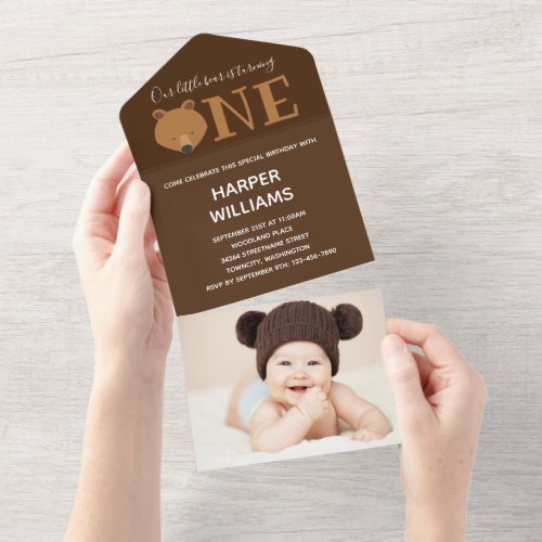 Bear One Photo First Birthday All In One Invitation