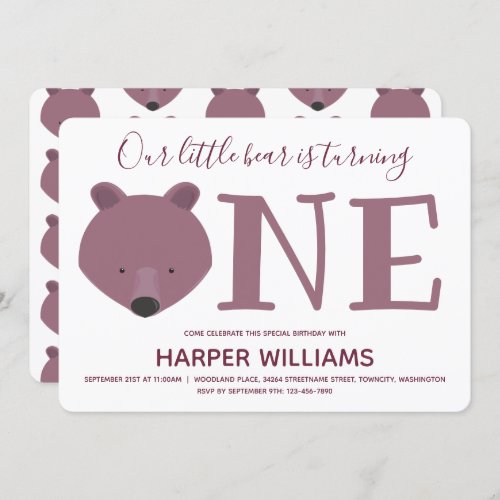 Bear One Purple Animal First Birthday Invitation