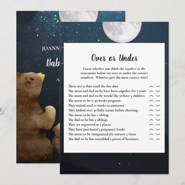 Bear Over or Under Baby Shower Game Invitation (Front/Back)