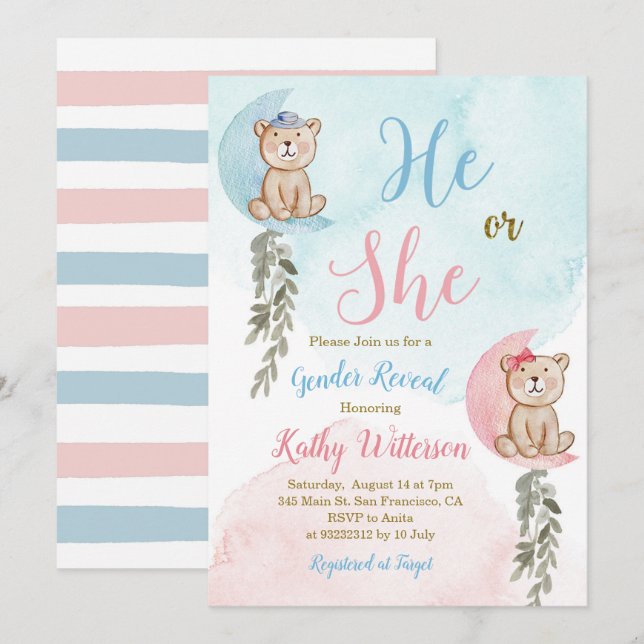 Bear over the moon He or She Gender Reveal Invitation (Front/Back)