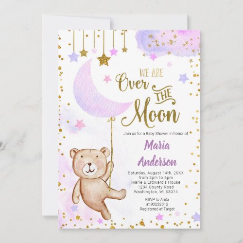Bear Over The Moon Lilac Baby Shower Invitation