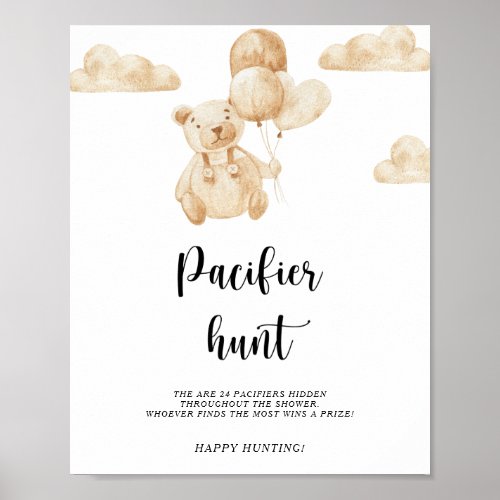 Bear pacifier hunt baby shower game poster
