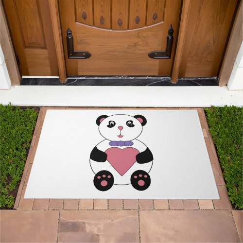 Bear Panda Wearing Purple Bowtie Pink Heart Doormat