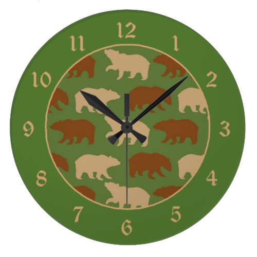 Bear Pattern on Green Cabin Large Clock