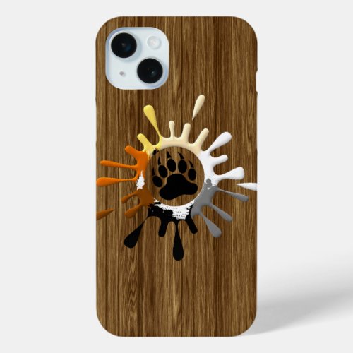 Bear Paw Splash Bear Pride Colors on wood print iPhone 15 Plus Case