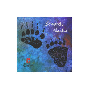 Bear Paws On Blue, Seward, Alaska - Stone Magnet