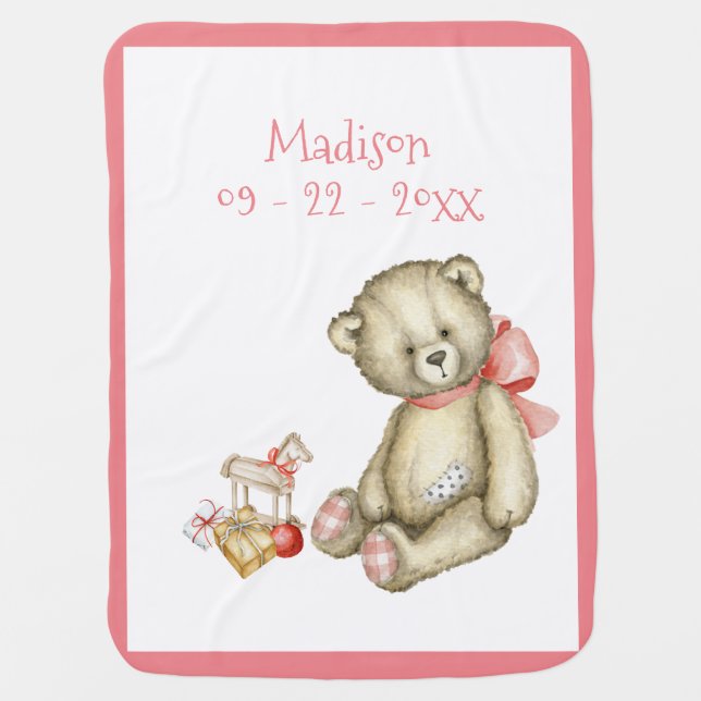Bear Personalized Pink Baby Girl Baby Blanket (Front)